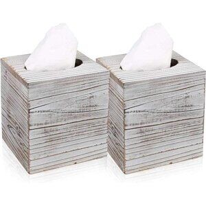 White Barnwood Tissue Box Cover: 2 Pack Tissue Box Holder Includes Slide-Out